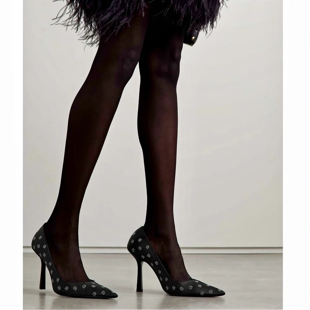 Alexander Wang Delphine Black Satin Crystal Logo Stiletto Pumps Heels 4” 39.5 - Picture 10 of 16